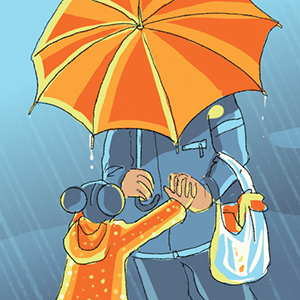 child reaching for adult with umbrella and grocery bag